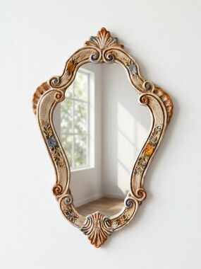 Vintage Ornate Hand-Painted Floral Wall Mirror in Cream and Gold